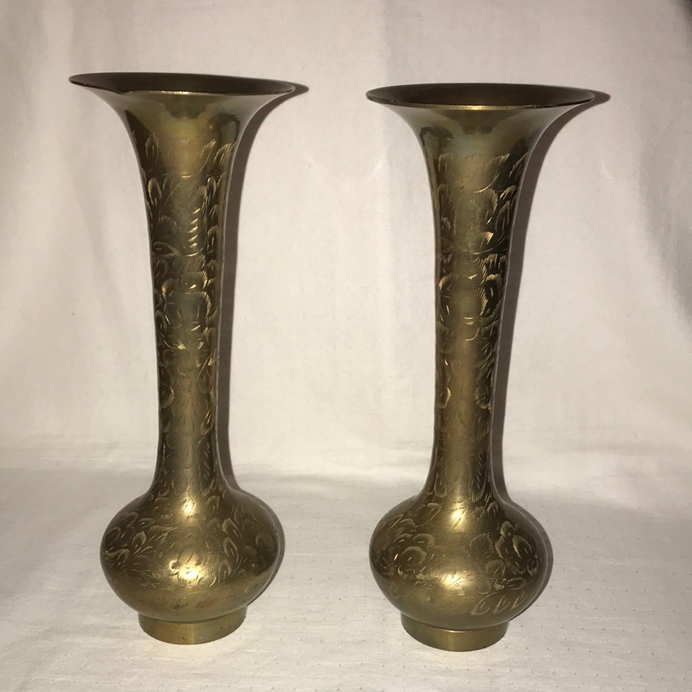 2 Brass Flower Vases made in India - 12” tall